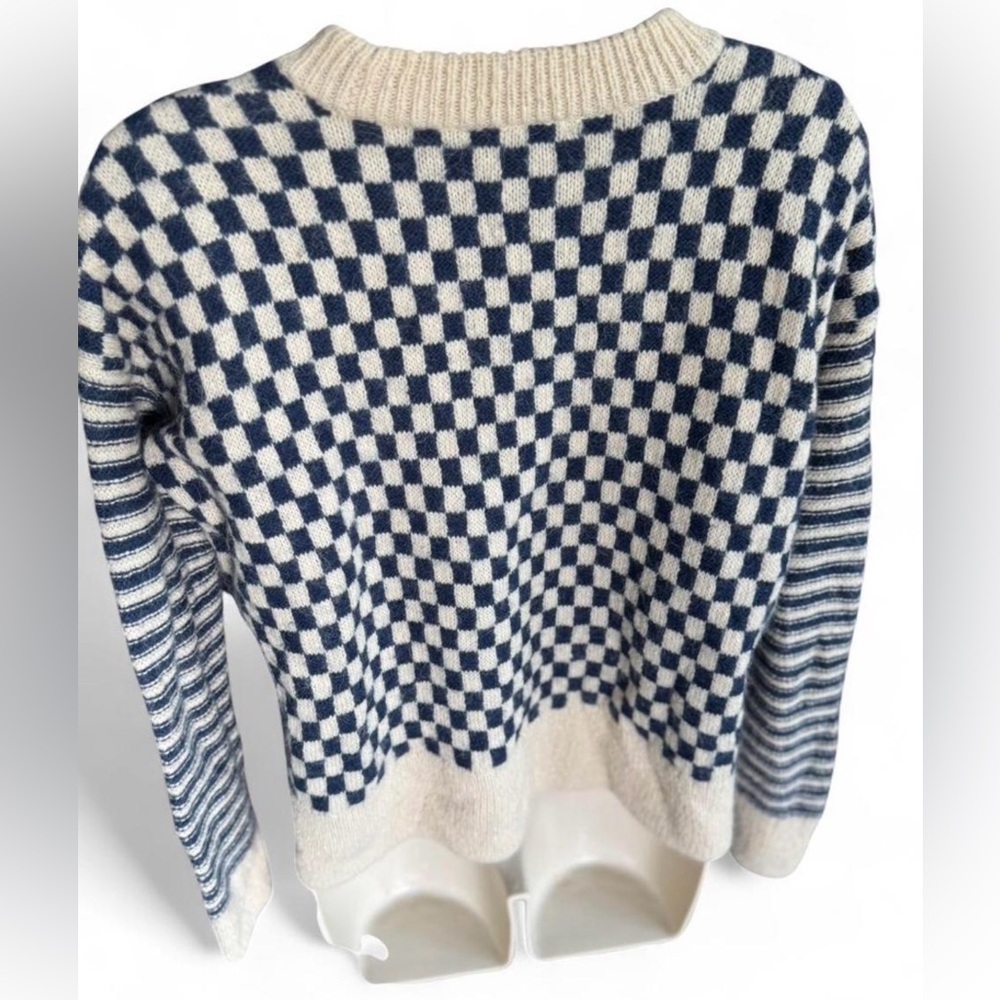 Madewell Alpaca Blend Checkerboard Sweater Blue Cream Cozy Oversized small - Picture 3 of 8